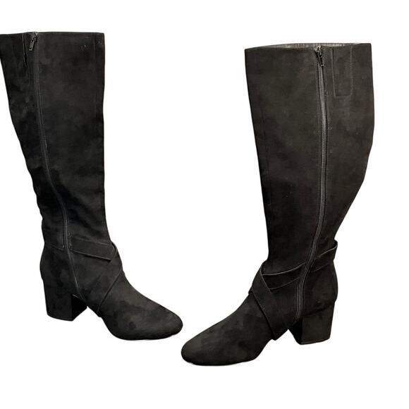 Nine West Black Faux Suede Cross Strap Block Heel Tall Riding Boot Women 8.5 - Picture 3 of 10